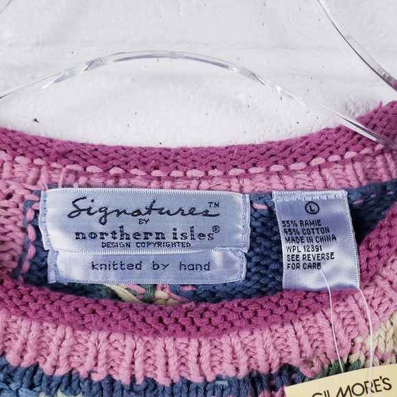 Signatures by Northern Isles Sweater Pink Blue Patchwork Floral Hand Knit Large - Picture 6 of 7